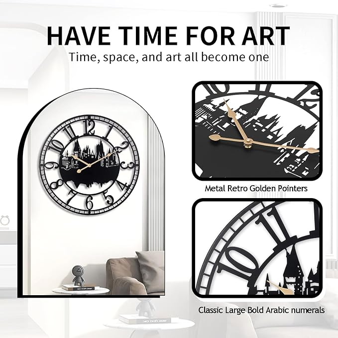 Wall Clocks for Living Room, Metal Black Castle with Metal Golden Retro Hands, Battery Operated Silent Non-Ticking Large Wall Clock for Bedroom Kitchen Living Room Home Decor,16x16Inch