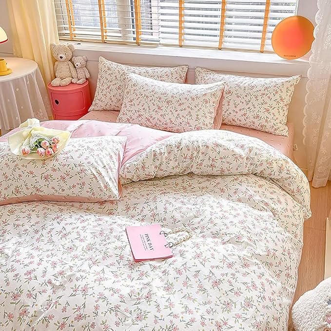 Pink Floral Duvet Cover Full Size 100% Cotton Chic Flower Botanical Duvet Cover Garden Style Girls Floral Comforter Cover with Zipper Closure Vintage Floral Cottagecore Bedding Set with 2 Pillowcases