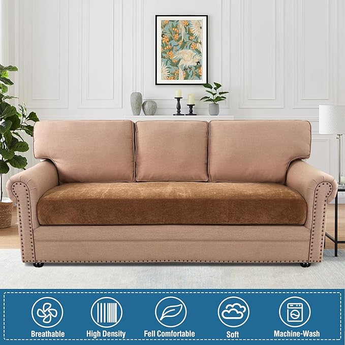 H.VERSAILTEX Stretch Chenille Sofa Covers for 3 Cushion Couch Thick Soft Sofa Covers Durable Sofa Cover for Dogs Non Slip Couch Covers for Sofa with Elastic Bottom(3 Seater Sofa Cushion Cover,Caramel)
