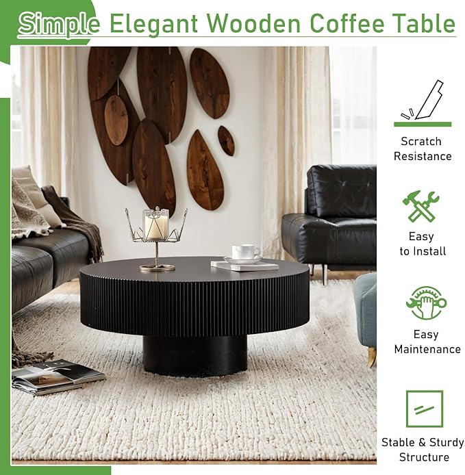 Round Coffee Table for Living Room, 30.91'' Modern Handcraft Drum Coffee Table Unique Fluted Coffee Tables Wood Center Table End Table for Small Space, Farmhouse Apartment Office (Black Thick)