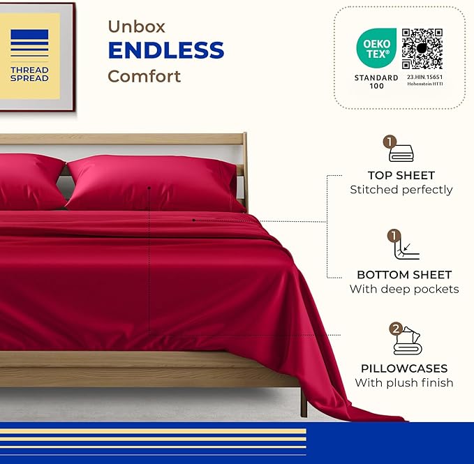 THREAD SPREAD 100% Egyptian Cotton King Size Sheets Set - High Thread Count Bed Sheets King Size Deep Pocket 16" (4 PC, Red), Soft, Cooling, Extra Long Staple Sateen Luxury Hotel Sheet Set