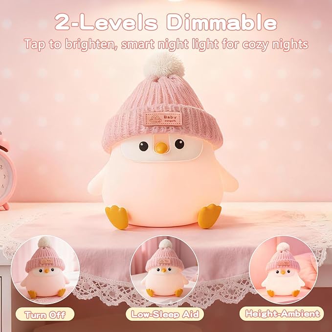 Penguin Silicone Night Light, Cute Pink Penguin Lamp with Hat, Nursery Nightlight for Baby , Rechargeable/Dimmable,LED Squishy Novelty Animal Bedside Touch Lamp,Funny Christmas Gifts for Kids/Girls