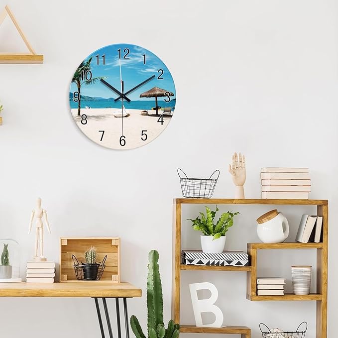 XFM Beach Wall Clock 14 Inch Silent Wall Clocks Battery Operated Blue Tropical Hawaii Coastal Wall Clock for Living Room Bedroom Home Office Decor