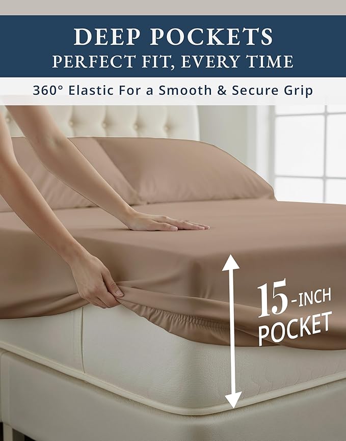 LANE LINEN 100% Egyptian Cotton King Sheet Set – Naturally Cooling & Breathable Sateen 4 Piece King Sheets, Authentic Long-Staple Cotton for Lasting Softness, Snug Fit 15" Deep Pocket Fitted - Taupe