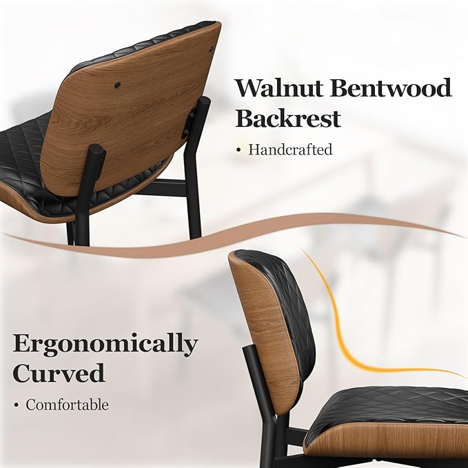 Dining Chairs Set of 4, Mid-Century Modern Upholstered PU Leather Chairs with Walnut Back and Metal Legs Adjustable Feet for Kitchen Dining Room, Black Diamond Plaid