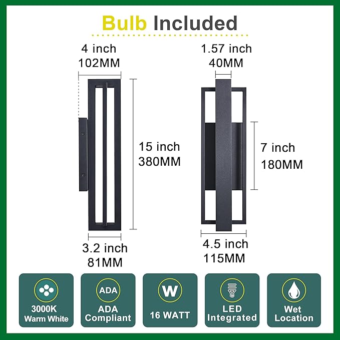 Double Square Frame Outdoor LED Wall Light, 15 Inch Textured Black Wall Sconce, Sleek Modern Light Fixture, Integrated LED 3000K 16W, Outside Lights for Patio, Porch, Front Door or Garage