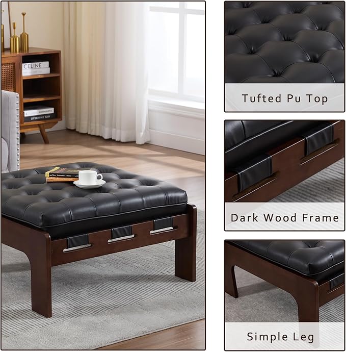Kmax Coffee Table, 30 Inch Black Leather Ottoman Coffee Table Square Upholstered Dark Wood Center Table Tufted Tea Table for Living Room - PU, Black