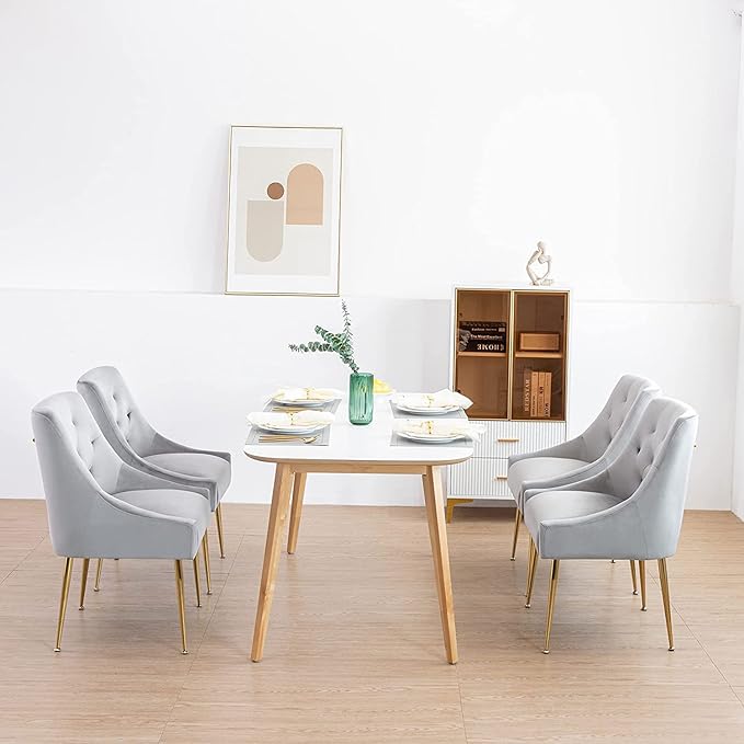 Modern Dining Chairs Set of 6, Mid Century Dining Chairs with 5.12” Cushions and Golden Legs, Velvet Upholstered Chairs with Back Pull Rod, for Kitchen, Living Room, Grey