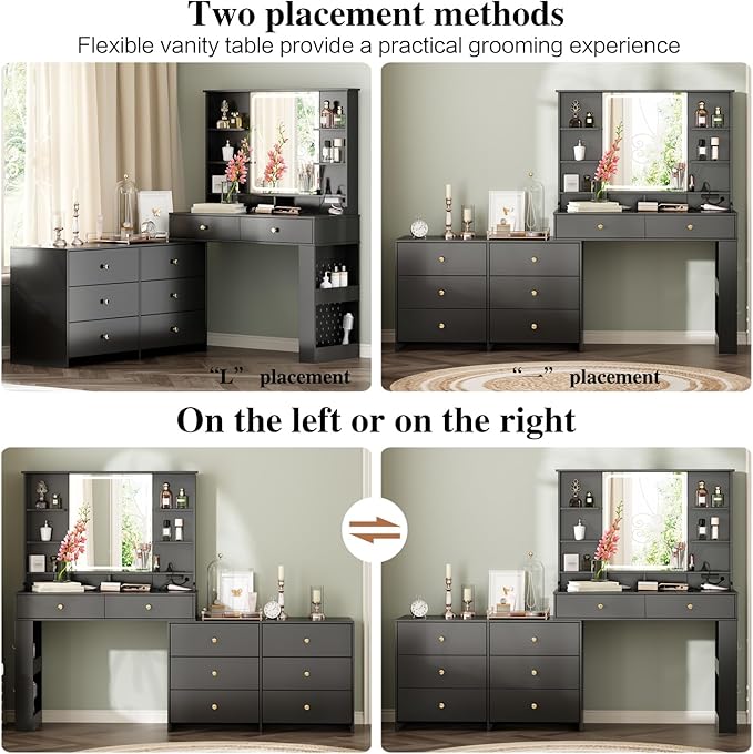 Makeup Vanity Desk with Mirror and Lights, Vanity Desk with 8 Drawers & Storage Shelves, Vanity Table with Power Outlet, 3 Color Modes & Adjustable Brightness Dressing Table, Bedroom,Jet
