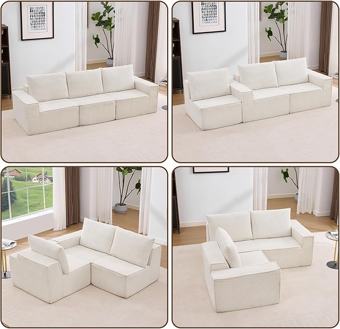 102” Boneless Modular Couch, 3 Seater Cloud Sofa for Living Room, Modern Sectional Sofa with Deep Seat, Comfy Fluffy Loveseat Couch, No Assembly Required, Beige