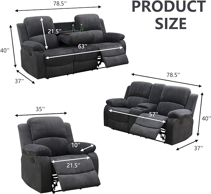 Manual Recliner Sofa Set,Corduroy Reclining Couch Set,Modern Living Room Furniture Set,Reclining Sofa Couch Chair for Living Room Home Office(Dark Grey,3 Pieces Set)