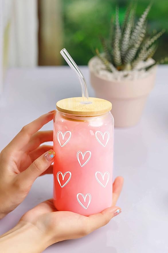 NewEleven Cute Glass Coffee Cups With Lids And Straw – Aesthetic Cups – Iced Coffee Cup, Coffees Tumbler – Christmas Gifts For Women, Friends, Coffees Lover - 16 Oz Coffee Glass