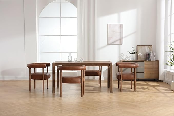 Mid-Century Modern Dining Chairs Set of 4, Armrest Barrel Dining Chairs Side Accent Chairs with Curved Back, Upholstered Wood Armchairs for Kitchen, PU Leather Brown