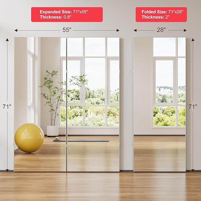 brisafe 360-Degree Folding Full-Length Mirror - 71" x 55"Oversized Anti-Shatter Nano Film Mirror, Space-Saving Foldable Design for Home Gym/Yoga Studio, 60% Commercial Insurance Discount, White