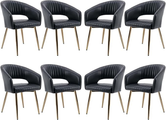 Modern Dining Chairs Set of 8, Upholstered PU Leather Gold Dining Room Chairs with Hollow Back, Accent Armrest Kitchen Chairs with Gold Legs for Living Room Black