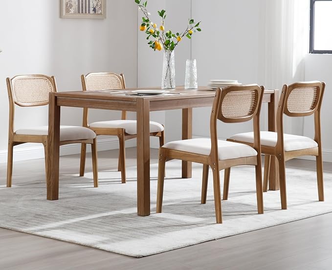EALSON Farmhouse Rattan Dining Chairs Set of 6 Modern Mid Century Wood Dining Room Chairs with Cane Back Upholstered Linen Kitchen Side Chairs for Living Dining Room,Beige