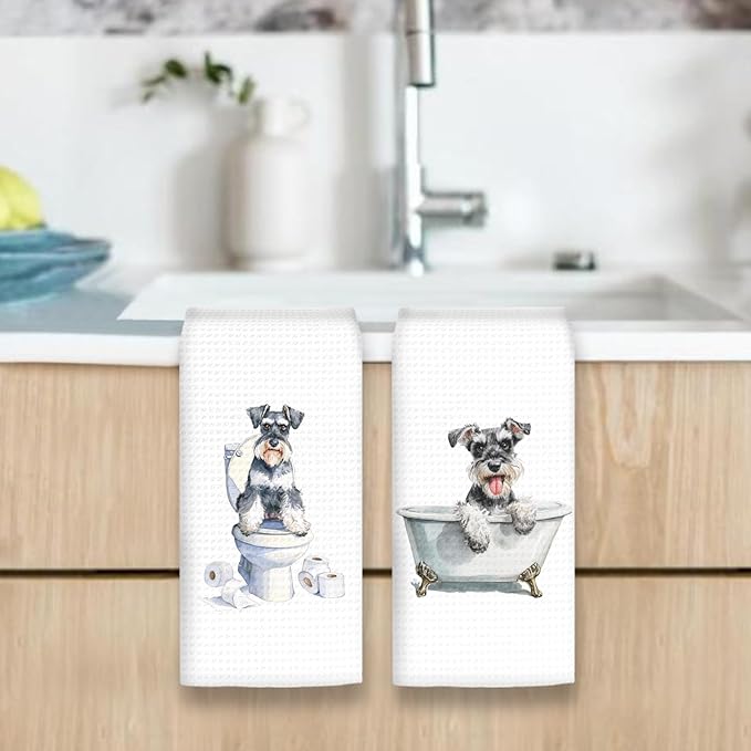 Funny Schnauzer Dog Hand Towels Set of 2, Gifts for Miniature Schnauzer Dog Owners Lovers, Puppy Pet Decor for Bathroom, Pet Lovers Gifts Toilet Hand Towels for Bathroom Washroom, 16x24In