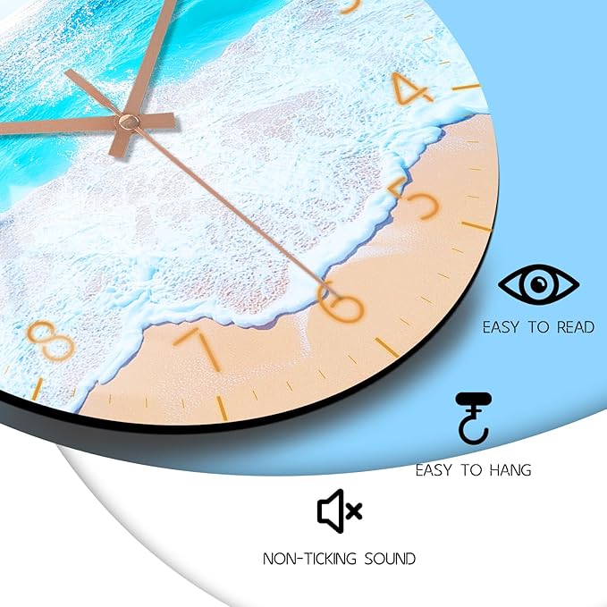Modern Round Wall Clock 14 inch Wooden Beach Wall-Clock with Tempered Film Silent Analog Clock for Bedroom, Office, Living Room Decor