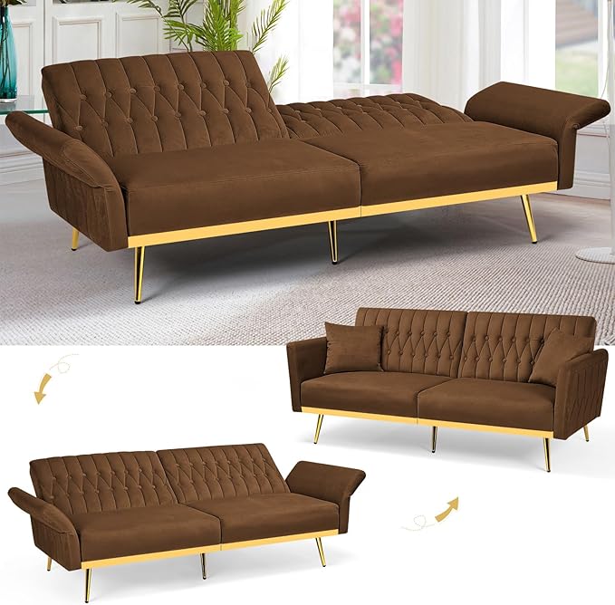 70” Velvet Futon Sofa Bed with 2 Pillows and Adjustable Armrests, Convertible Sleeper Bed W/Adjustable Backrests, Modern Loveseat for Living Room, Bedroom, Brown