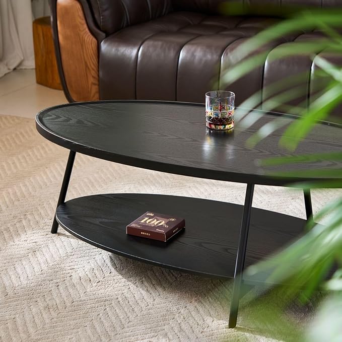 AGV Oval Coffee Table with Shelf Storage, 2-Tier Black Wood Finish Center Table for Living Room, Modern Asymmetrical Metal Legs, Raised Edge Sofa Table