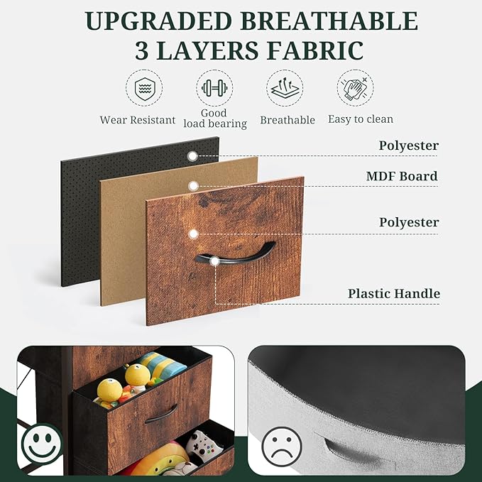 Nightstand, 5 Drawer Dresser End Table Bedside Furniture with Wooden Top Steel Frame Fabric Bins for Bedroom, Closet, Entryway, Dorm, Living Room, Brown