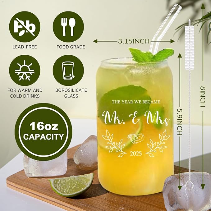Wedding Gifts for Couples 2025 - Mr and Mrs 16oz Glass Cup With Lid and Straw, Newlywed Gift, Bridal Shower, Just Married Ornaments