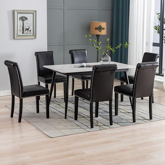 Westice Dining Room Chairs Set of 8 Upholstered PU Leather Kitchen Chairs Dining Room Side Chair with Nailhead Trim and Rubber Wood Legs for Small Space Apartment, Black