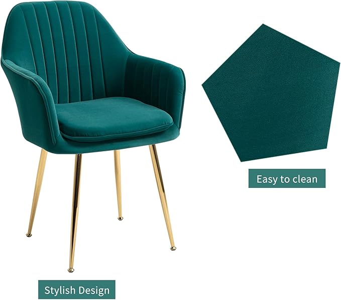 ECOTOUGE Modern Dining Chairs Set of 4, Upholstered Dining Room Chairs with Golden Metal Legs, Matte Velvet Kitchen Chairs for Dining Table, Accent Chairs for Living Room, Emerald Green