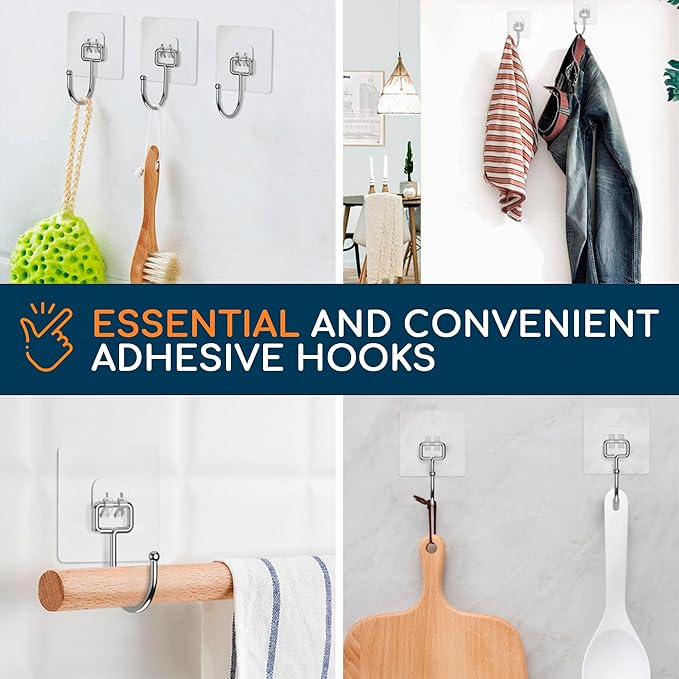GLUIT Adhesive Large Wall Hooks for Hanging Heavy Duty 22 lbs Hooks for Walls No Damage, Towel Sticky Clear Hooks, Waterproof, Home, Bathroom, Kitchen, Office, and Outdoor 40 Pack
