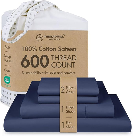 Threadmill 100% Cotton Sheets for Cal King Size Bed - 600 Thread Count Cal King Bed Sheets Set with 16” Deep Pocket - Sateen Weave 4-Piece Bedding Set with Cooling Effect, Folkstone Blue