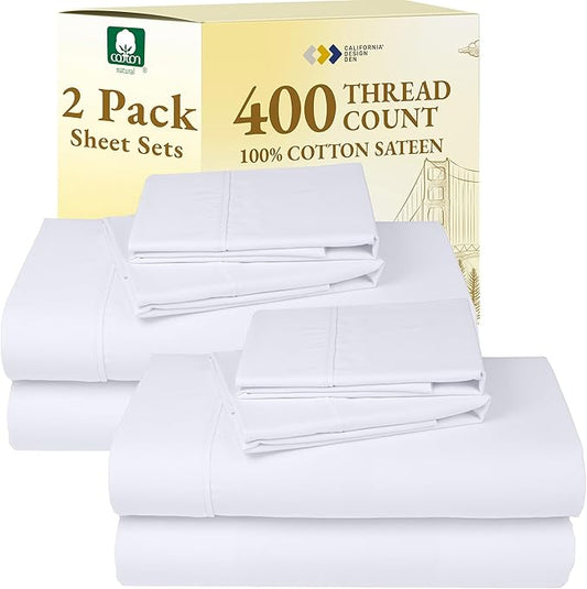 California Design Den 2-Pack Sheet Sets King Size - 400 Thread Count 100% Cotton Sateen - Extra Soft, Breathable & Cooling Sheets, Wrinkle Resistant, 2 Sets of Deep Pocket Bed Sheets - Bright White