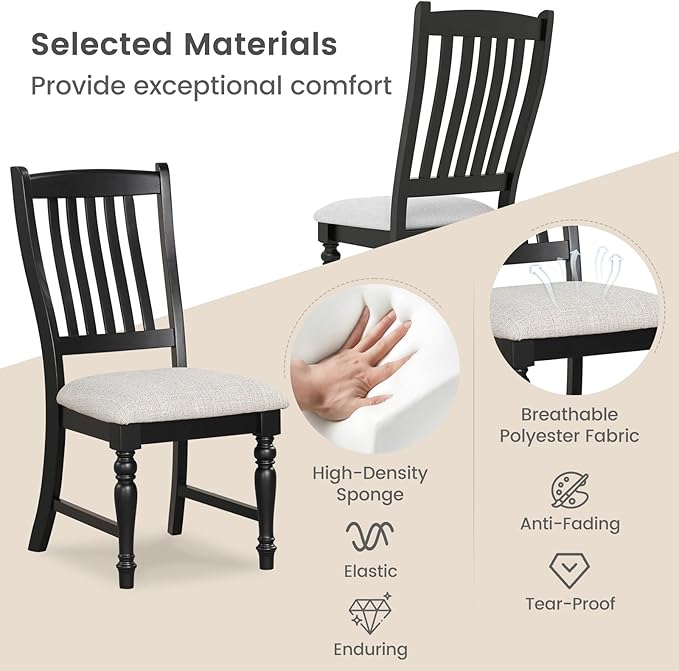 Giantex Wood Dining Chairs Set of 2, Farmhouse Black Kitchen Chair with Solid Wood Frame, Max Load 355 Lbs, Armless Upholstered Dining Side Chairs with Cushion Seat, Slat Back Dining Room Chairs