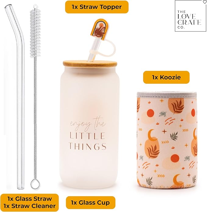 Boho Gifts for Women - Cute Design Glass Cup with Lid and Straw, Customized Stopper and Insulated Cup Sleeve for Iced Coffee and Smoothies. Giftable Unique Tumbler Cups for Women