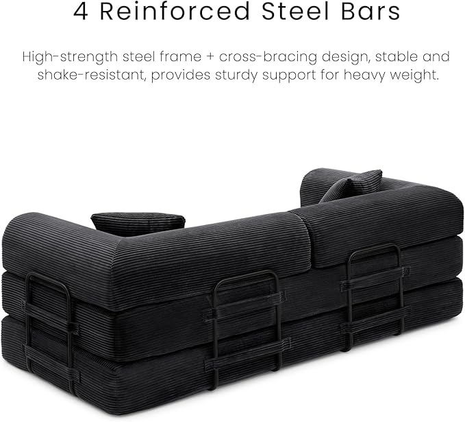 Compression Sofa - 79'' Convertible Sofa Bed, Boneless Couch in a Box, Modular Corduroy Foldable Sleeper Sofa with 2 Pillows, Loveseat Couches for Living Room (Corduroy Fabric, Black)
