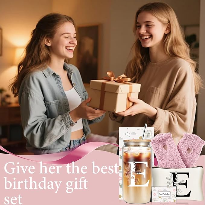 Unique Initial Glass Cup with Lids and Straws, Monogrammed Gifts Box Included Makeup Bag, Christmas Birthday Gifts for Women Mom Sister Grandma, E