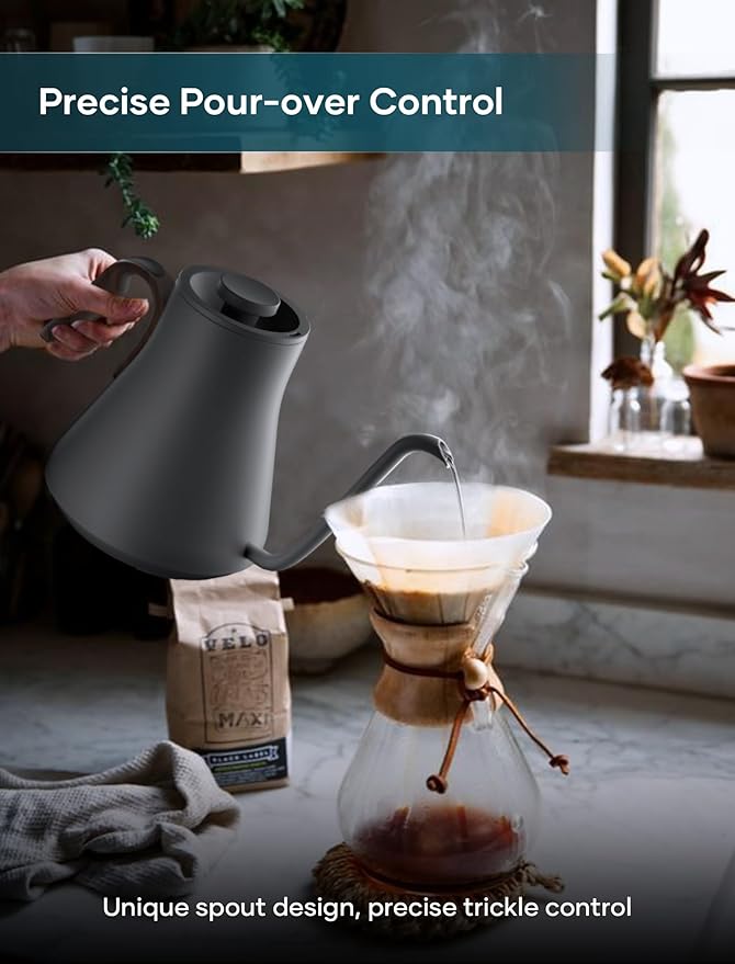 Gooseneck Electric Kettle with Precise ±1℉ Temperature Control, Wood-Accented Handle, Stainless Steel Interior, Quick Heating Pour Over Kettle for Coffee & Tea, 0.9L, Matte Grey
