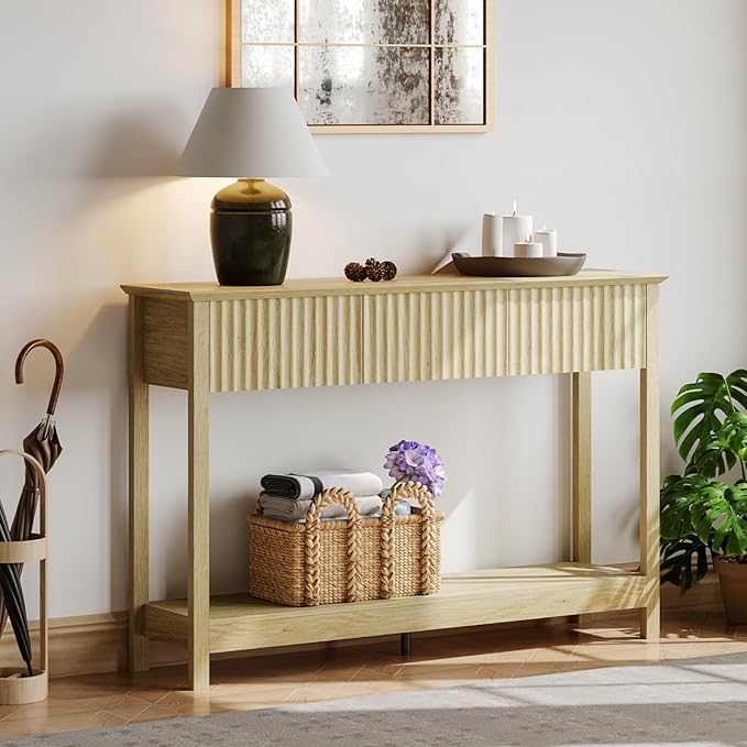 Treocho 47" Fluted Console Table with 3 Drawers, Narrow Long Entryway Table with Storage and Shelf, 2-Tier Sofa Table Behind Couch Accent Tables for Entrance Foyer, Hallway, Living Room, Oak