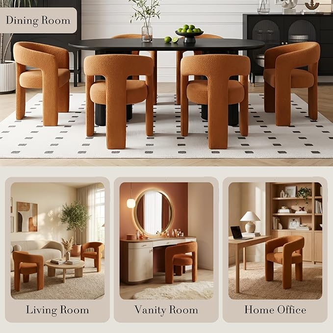 Modern Sherpa Barrel Dining Chair Upholstered Faux Fur Dining Room Chair with Arm Comfy Accent Side Chair for Kitchen/Living Room/Reception, Terra Cotta, 1 PC