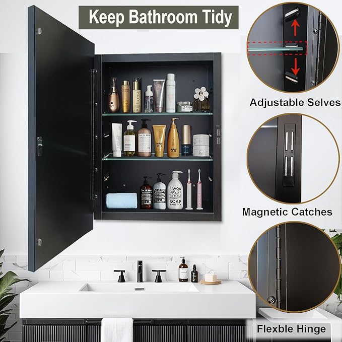 Recessed Medicine Cabinets with Mirror, Black Bathroom Mirror with Storage, Rectangle Medicine Cabinet Mirror, Metal Framed Wall Mirror Recessed or Surface Mount, 20x30 Inch