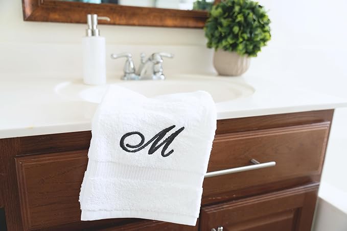 White Monogrammed Hand Towels for Bathroom - Luxury Hotel Quality Personalized Initial Embroidered Towel for Powder Room, Spa - GOTS Organic Certified - Set of 2 Dark Gray Letter M