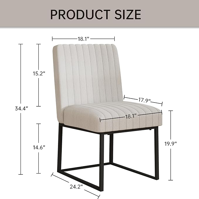 VKNOW Upholstered Dining Chairs Set of 4, Modern Dining Room Chairs with Stripe, Linen Kitchen Chair Dinner Chair with Black Metal Base for Kitchen Office, Beige