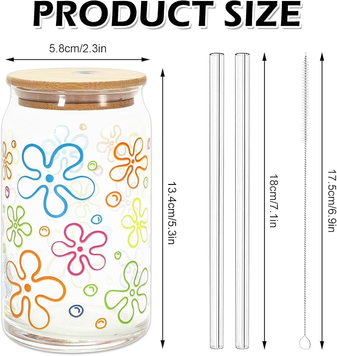2 Pack Cartoon Sponge Drinking Glasses 16oz Flower Bubbles Glass Cup Colorful Iced Coffee Cup with Lid Straw for Birthday Baby Shower Cocktail Whiskey Beer Soda