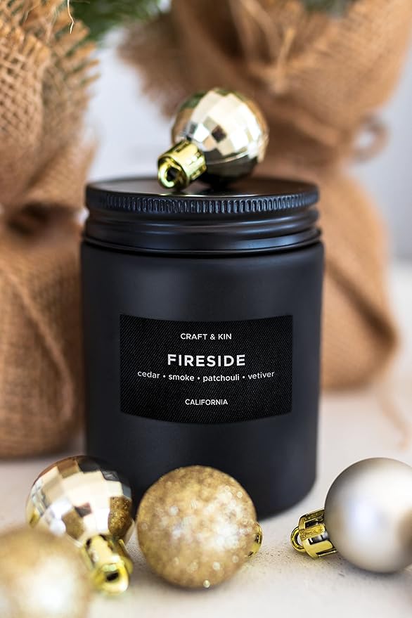 Craft & Kin Premium Smokey Fireside Candle | Christmas Scented Candles for Men | Men Candles with Wood Wicked | Long Lasting with 45 Hour Burn Time - 7.6oz