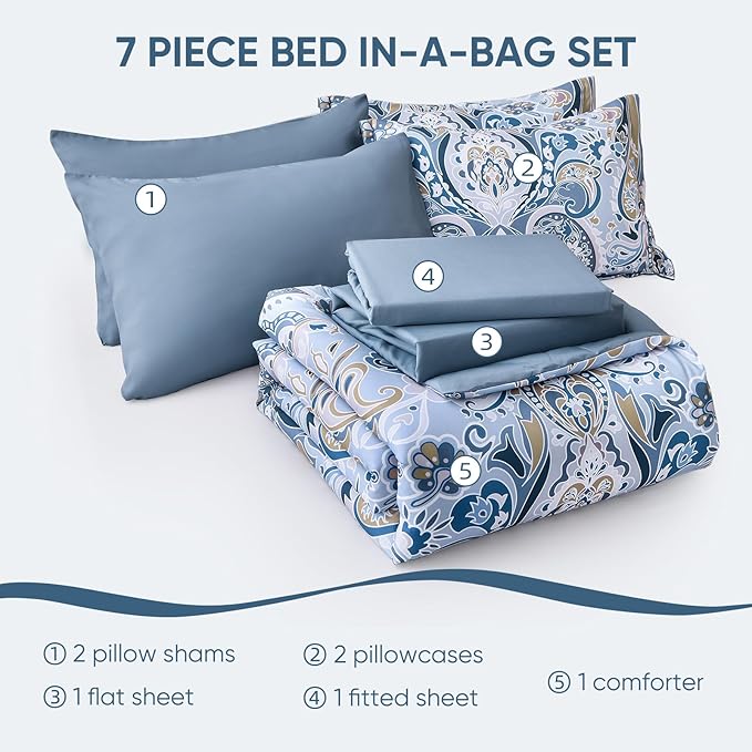 Drucon Blue Paisley Comforter Set King, 7 Pieces Bed in a Bag Boho Comforter Soft Microfiber Blue Paisley Bedding(1 Comforter, 1 Flat Sheet, 1 Fitted Sheet, 2 Pillow Shams, 2 Pillowcases)