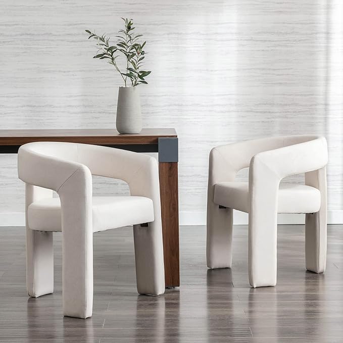 Set of 2 Modern Linen Fabric Upholstered Dining Chairs with Open-Back, Cute Barrel Side Chairs Kitchen Armchair Accent Chairs for Dining Room Bedroom, Ivory
