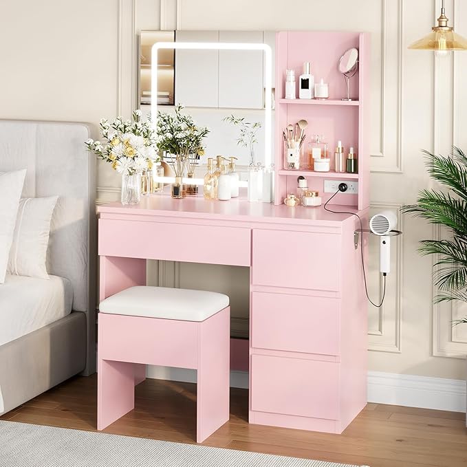 GarveeHome Vanity Desk with Mirror and Lights - Modern Makeup Dressing Table with Outlets, Storage Stool, 4 Drawers & Hair Dryer Holder - 3 Colors LED Vanity Mirror, Vanities for Bedroom, Pink