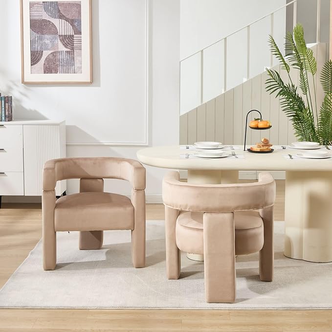 Khaki Dining Chairs Set of 3, Upholstered Velvet Barrel Chairs with Arms Comfy Side Chairs for Living Room/Dining Room/Reception