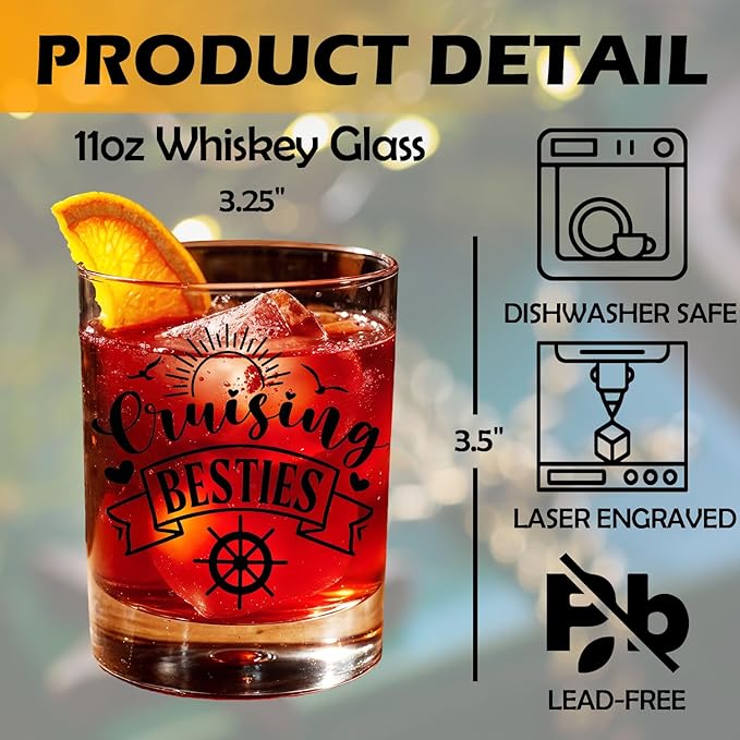 Cruise Lovers Gifts Old Fashioned Whiskey Glasses, Cruising Gifts for BFF Bestie, Cruising Besties 10 oz Rocks Barware Cup for Cocktail Drinks Scotch Bourbon Liquor