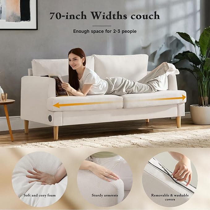 Loveseat Sofa Couch for Living Room with USB Type C Ports – Beige Upholstered 70" Small Couches for Bedroom, Office or Apartment–Modern 2-Seater Deep Seating with Soft Cushions & Sturdy Frame