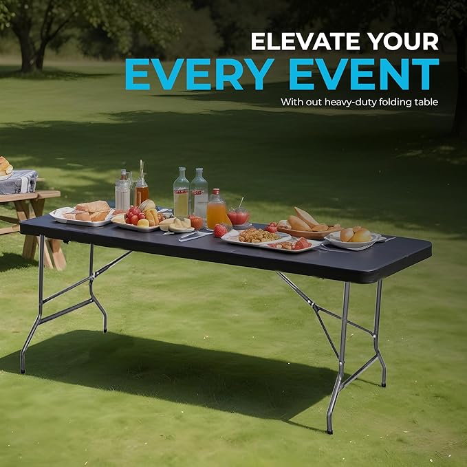 SIMPLI-Magic 6ft Portable Plastic Folding Table – 17% Thicker Than Others – Indoor & Outdoor Heavy-Duty Foldable Utility Table w/Handle for Party & Camping (Black)